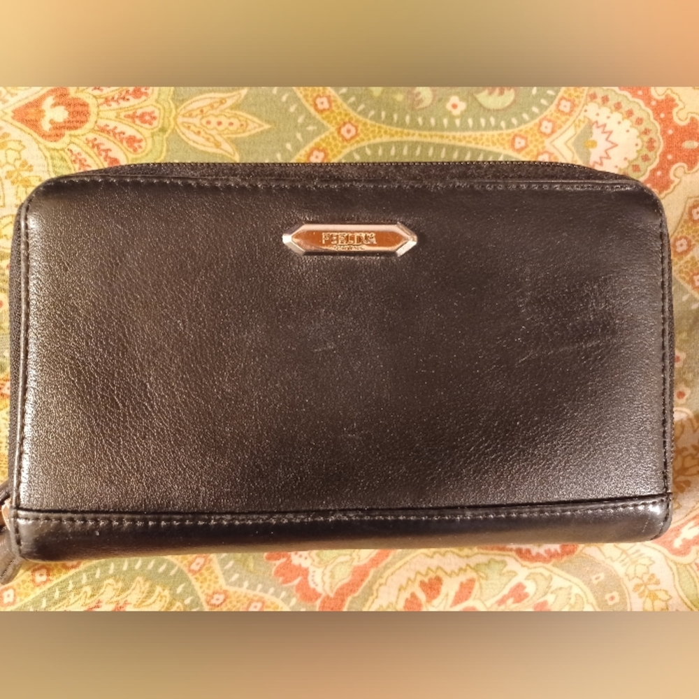 Perlina black leather clutch bag purse wristlet
